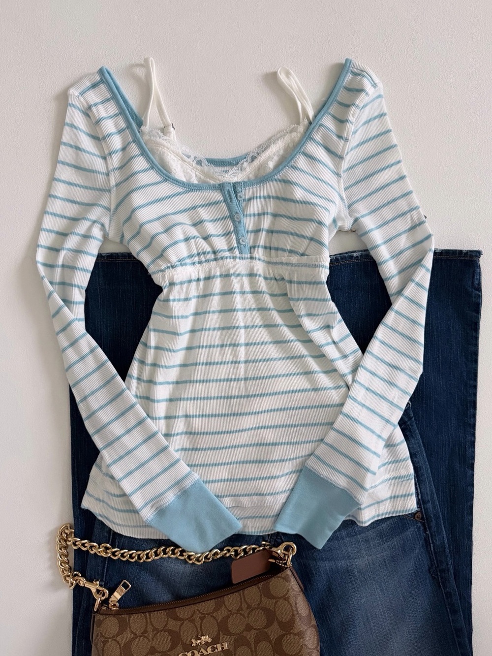 Aeropostal Light Blue Stripe Long-Sleeve Henley Top
